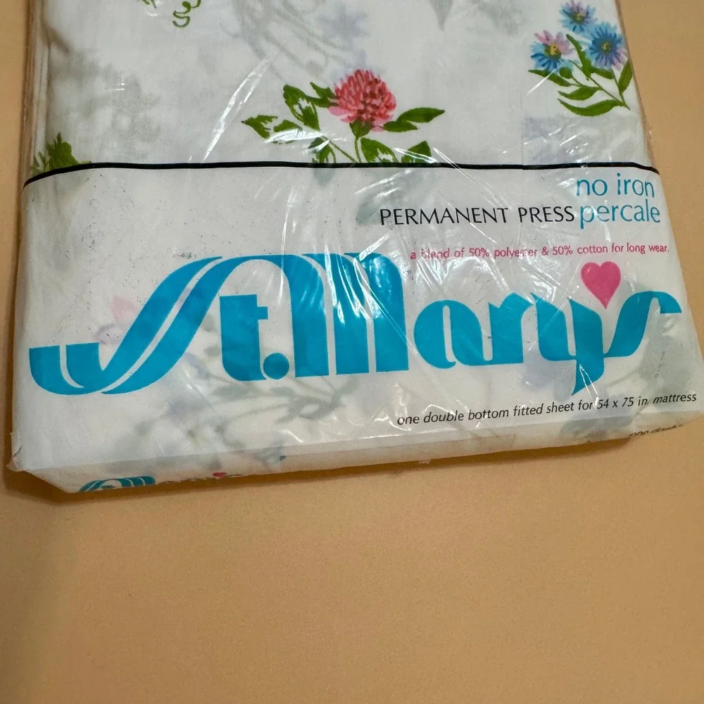Vintage St. Mary's Aline Flowers Fitted Sheet NOS Double Full Floral Cottagecore